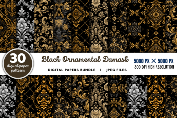 Download Black Ornamental Damask Pattern Bundle - Damask Collection
